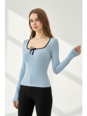 buğrahayalin Kare Yaka Kurdele Detay Kaşkorse Bluz - Bebe Mavi