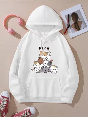 LAYORA Karikatür Kediler Baskılı Kanguru Cep Kapüşonlu Sweatshirt,