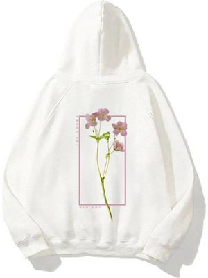 LAYORA Kapüşonlu Flowers Baskılı Beyaz Unisex Hoodie Sweatshirt