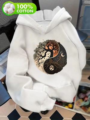 LAYORA "unisex Yin Yang Ağaç ve Ay Baskılı Kapüşonlu Sweatshirt"