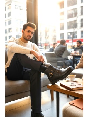 Enoch Hakiki Deri Kalın Tabanlı ve Tokalı Erkek Bot