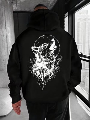 LAYORA Erkekler Için Kurt Baskılı Kapüşonlu Sweatshirt