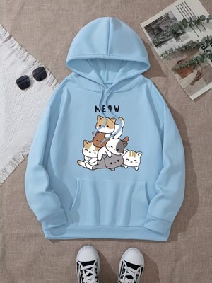 LAYORA Karikatür Kediler Baskılı Kanguru Cep Kapüşonlu Sweatshirt,