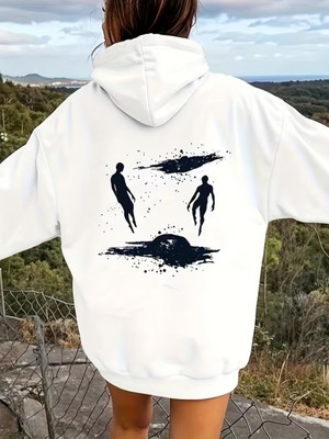 LAYORA Siyah Siluet Baskılı Beyaz Kapüşonlu Hoodi