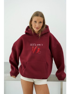 LAYORA Kadın Oversize Hoodie Hot & Baskılı Bordo – Kapüşonlu, 3 Iplik Şardonlu Polar