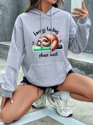LAYORA Karikatür Kediler Baskılı Kanguru Cep Kapüşonlu Sweatshirt,