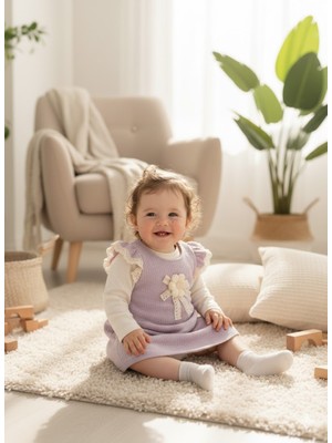 Buufuu Kız Çocuk Kolları Fırfır Detaylı Çiçekli Ikili Uzun Kollu Badi ve Waffle Elbise 6-24 Ay