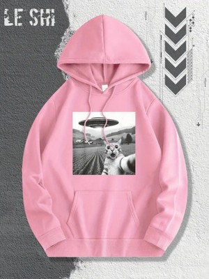 LAYORA 0 Ufo ve Uzaylı Kedi Grafik Baskılı Rahat Kapüşonlu Sweatshirt