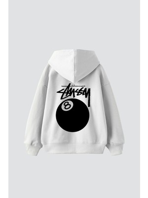 LAYORA Sts. Eight Ball Baskılı Oversize Unisex Beyaz Hoodie