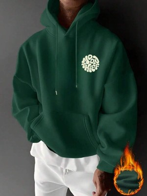 LAYORA Erkek Bol Kesim Ay Hırsızı Baskılı Cepli Kapüşonlu Sweatshirt, Sonbahar/kış