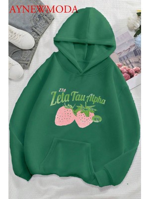 LAYORA Çilek Ön Baskılı Haki Oversize Kapşonlu Sweatshirt