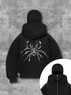 LAYORA Şık Kadın Örümcek Baskılı Kapüşonlu Üst - Tam Yüz Maskesi ve Manşetli Siyah Fermuarlı Sweatshirt