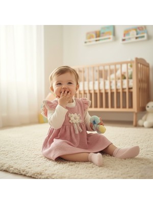 Buufuu Kız Çocuk Kolları Fırfır Detaylı Çiçekli Ikili Uzun Kollu Badi ve Waffle Elbise 6-24 Ay