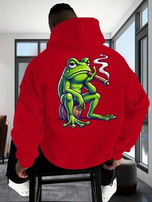 LAYORA Erkek Casual Kapüşonlu Sweatshirt ile Kurbağa Sigara Grafik Baskı