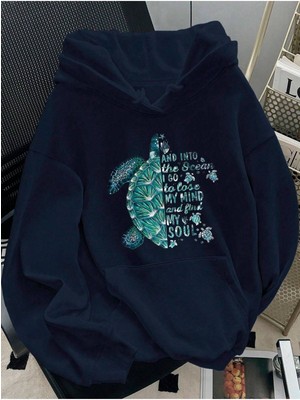 LAYORA Kaplumbağa Baskılı Bol Kesim Kapüşonlu 3iplik Sweatshirt