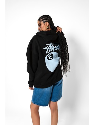 LAYORA Sts. Eight Ball Baskılı Oversize Unisex Siyah Hoodie
