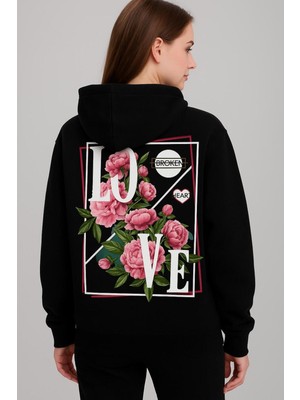 LAYORA Love Sloganlı Çiçek Baskılı Kapüşonlu Sweatshirt – Unisex Günlük Moda