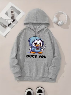 LAYORA Karikatür Kediler Baskılı Kanguru Cep Kapüşonlu Sweatshirt,