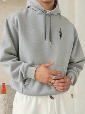 LAYORA Erkekler Için Kanji Baskılı Kapüşonlu Sweatshirt