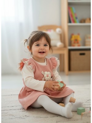 Buufuu Kız Çocuk Kolları Fırfır Detaylı Çiçekli Ikili Uzun Kollu Badi ve Waffle Elbise 6-24 Ay