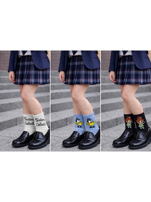 The Secret Desire 3’lü Desenli Unisex Soket Çorap Seti Yazılı ve Karakter Baskılı Günlük Çorap 36-40 Numara ile Uyumludur