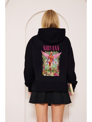 LAYORA Kapüşonlu Pembe Nirvana Baskılı Siyah Unisex Hoodie Sweatshirt