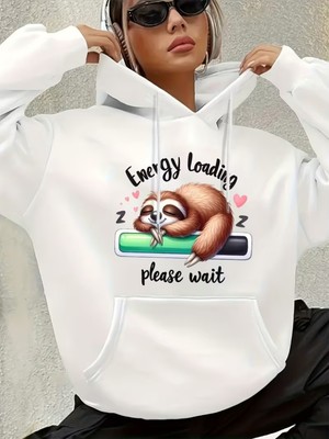 LAYORA Karikatür Kediler Baskılı Kanguru Cep Kapüşonlu Sweatshirt,