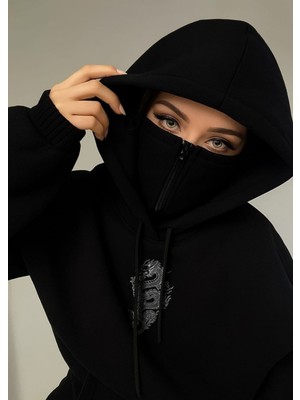 LAYORA - Unisex Kar Maskeli Ninja Sweatshırt 3 Iplik Kalın Oversize Büyük Beden