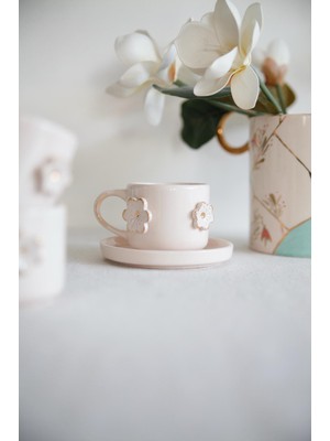 His Ceramic El Yapı Altın Çiçek Desenli Seramik Çay & Kahve Fincanı Tabaklı 24K Gold Dekor Boyalı 150 ml