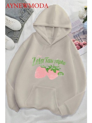 LAYORA Çilek Ön Baskılı Ekru Oversize Kapşonlu Sweatshirt