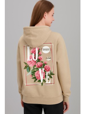 LAYORA Love Sloganlı Çiçek Baskılı Kapüşonlu Sweatshirt – Unisex Günlük Moda