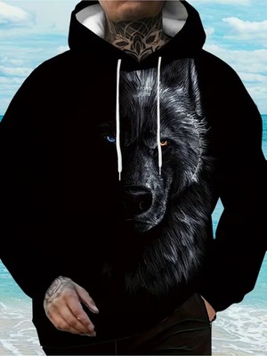 LAYORA Erkekler Için Moda Yaratıcı Tasarım Baskılı Uzun Kollu Bol Kapüşonlu