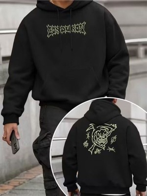 LAYORA Erkekler Için Moda Yaratıcı Tasarım Baskılı Uzun Kollu Bol Kapüşonlu