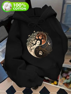 LAYORA "unisex Yin Yang Ağaç ve Ay Baskılı Kapüşonlu Sweatshirt"