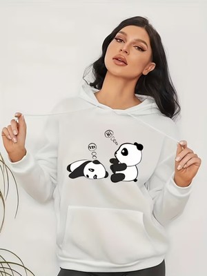 LAYORA Karikatür Kediler Baskılı Kanguru Cep Kapüşonlu Sweatshirt,