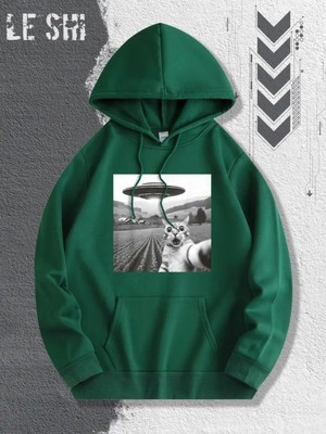 LAYORA 0 Ufo ve Uzaylı Kedi Grafik Baskılı Rahat Kapüşonlu Sweatshirt