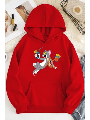 LAYORA Unisex 2ip Şardonlu Tom And Mickey Nosd Kırmızı Oversize Sweatshirt