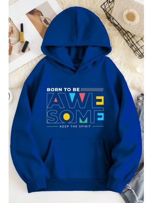 LAYORA Unisex 2ip Şardonlu Awe Some Baskılı Sax Oversize Sweatshirt
