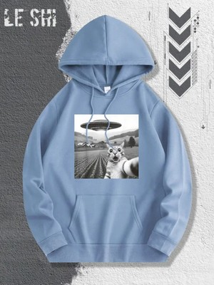 LAYORA 0 Ufo ve Uzaylı Kedi Grafik Baskılı Rahat Kapüşonlu Sweatshirt