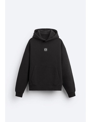 LAYORA Siyah Unisex Yüksek Baskılı Kapüşonlu Kanguru Cepli Oversize Hoodie