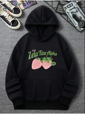 LAYORA Çilek Ön Baskılı Siyah Oversize Kapşonlu Sweatshirt