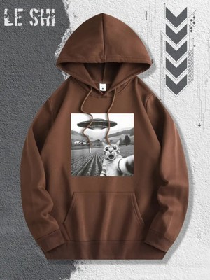 LAYORA 0 Ufo ve Uzaylı Kedi Grafik Baskılı Rahat Kapüşonlu Sweatshirt