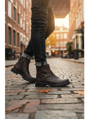 Enoch Hakiki Deri Kemer Detaylı ve Yan Fermuarlı Erkek Bot