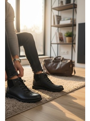 Enoch Hakiki Deri Boğazı Tekstil Detaylı Bağcıklı Erkek Bot