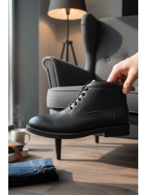 Enoch Siyah Hakiki Deri Dokulu Yüzey Bağcıklı Klasik Erkek Bot