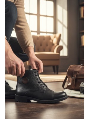 Enoch Hakiki Deri Yuvarlak Amblem Detaylı Bağcıklı Erkek Bot