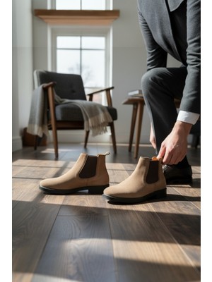 Enoch Hakiki Deri Kum Renk Süet Chelsea Taba Erkek Bot