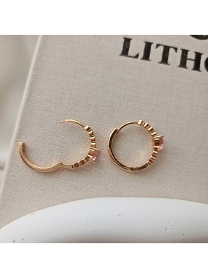 Lente Aksesuar Kadın Altın Kaplama Rengi Kalp Detaylı Zirkon Taşlı Halkalı Küpe