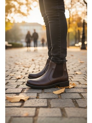 Enoch Hakiki Deri Yanı Elastik Panelli Kahverengi Chelsea Bot