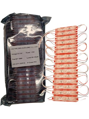 Powerr Led Aydınlatma 200 Adet 12 Volt 1.5 Watt 3 Lensli Kırmızı 2835 Smd LED Modül IP65 Modül 1 Paket